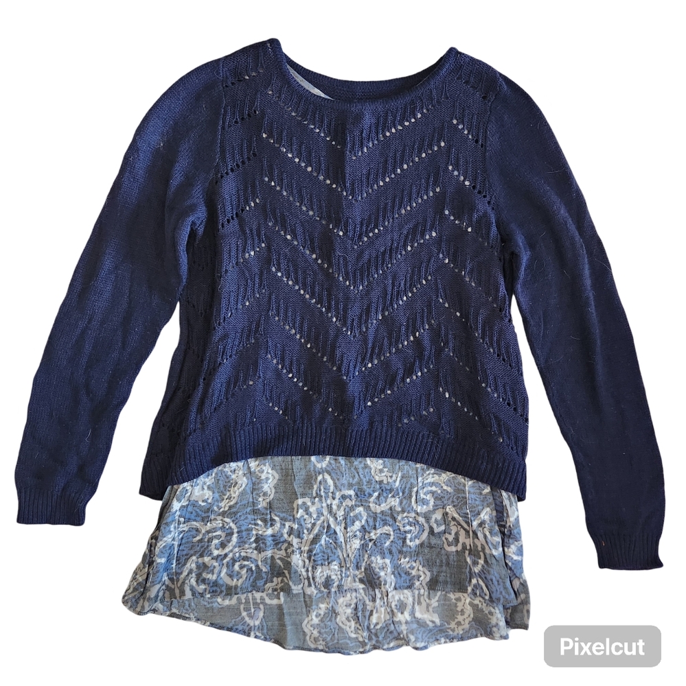 Navy Blue Knit Sweater with Skirting Medium Flowy Chevron Fall Winter Comfy Work